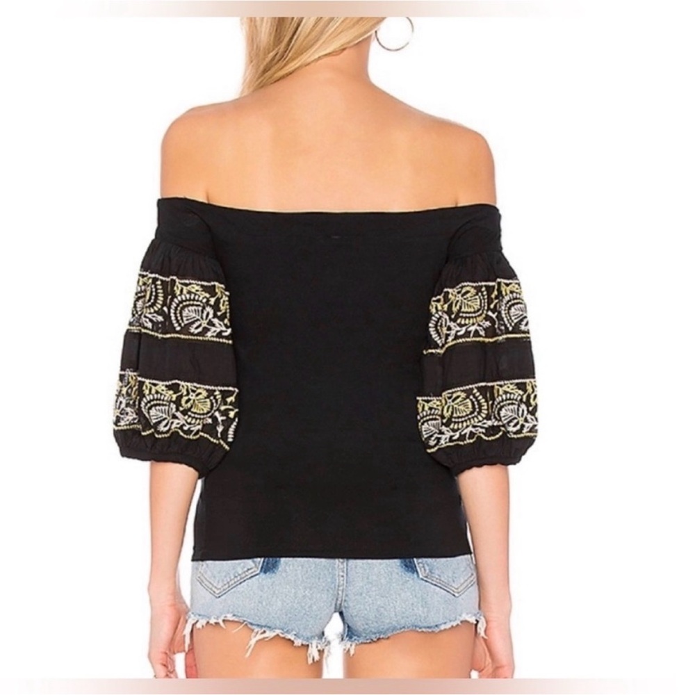 Free People Rock with it Black Puff sleeve off shoulder embroidered top Sz Med - Picture 2 of 11